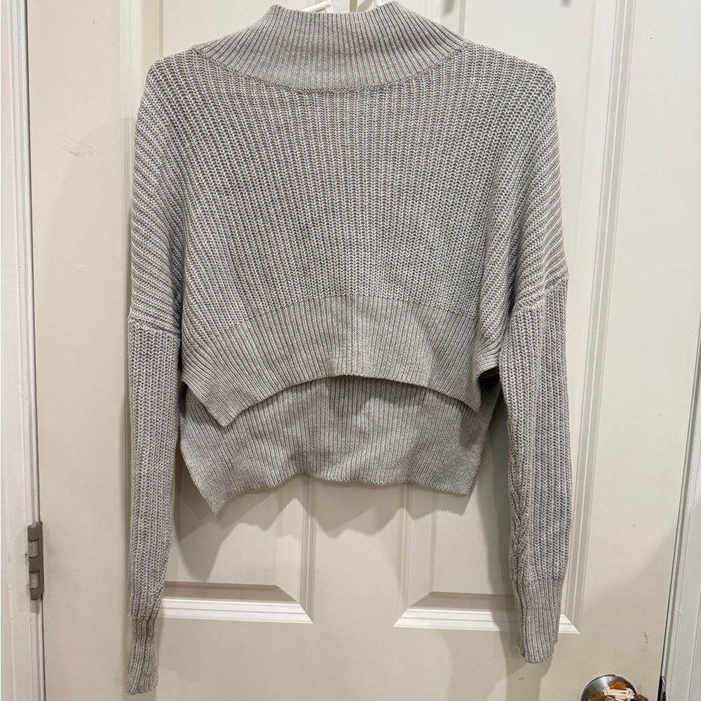 Silence + Noise Gray Cowl Neck Sweater Ribbed Knit Cropped